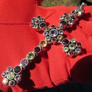 Large Gemstone Sterling Silver Cross Pendant